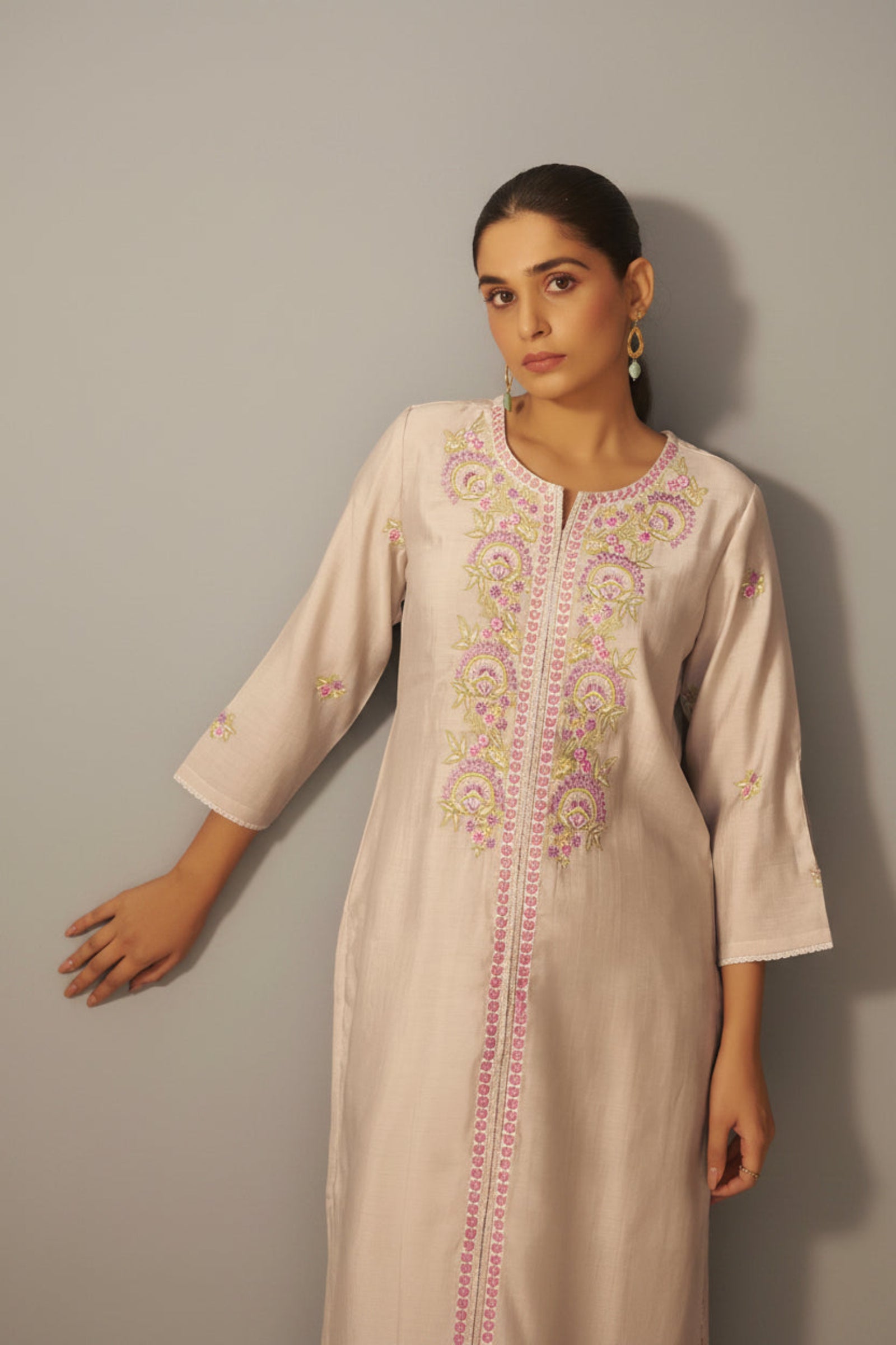 Pale Cream Mul Chanderi Embroidery Co-ord Set
