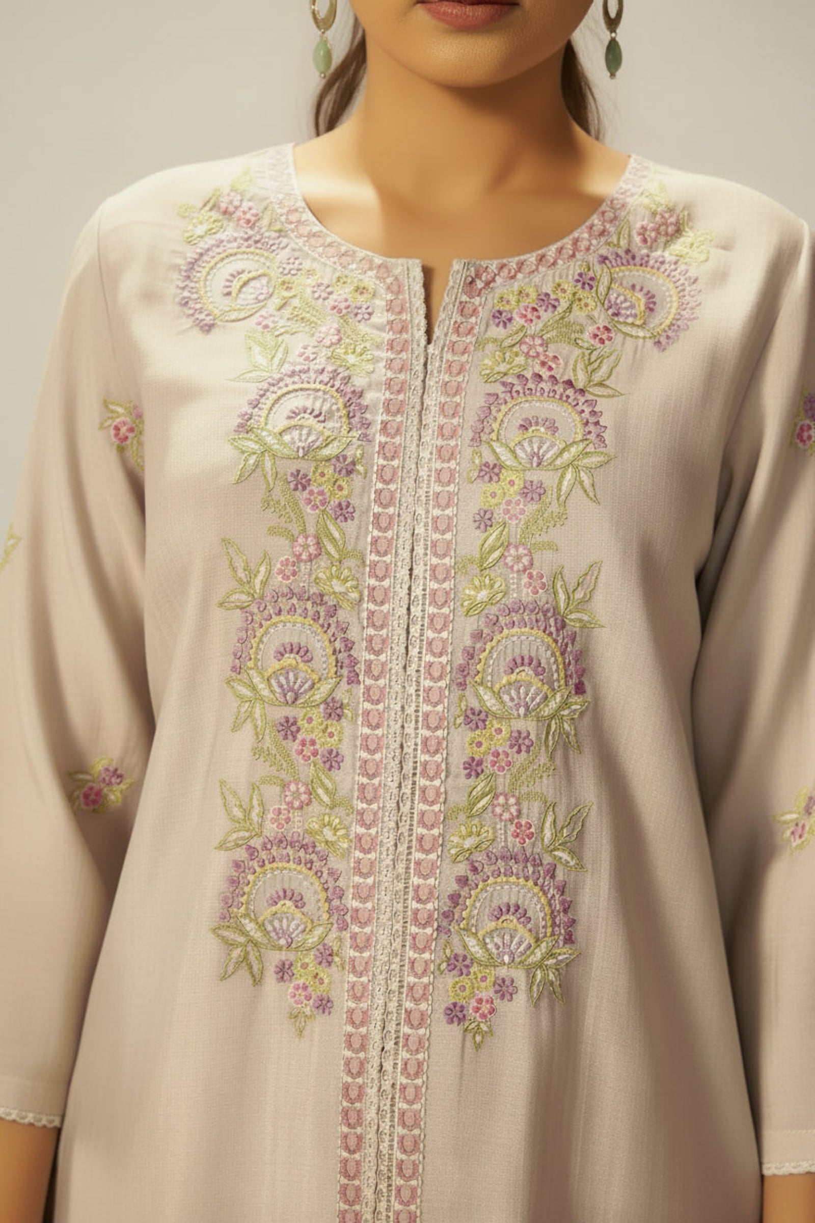 Pale Cream Mul Chanderi Embroidery Co-ord Set