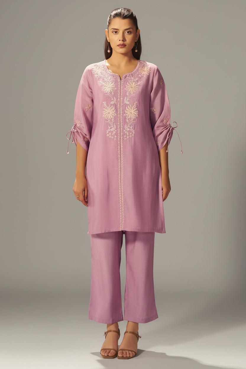 Lavender Mist Mul Chanderi Embroidery Co-ord Set