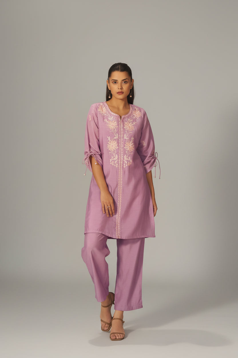 Lavender Mist Mul Chanderi Embroidery Co-ord Set