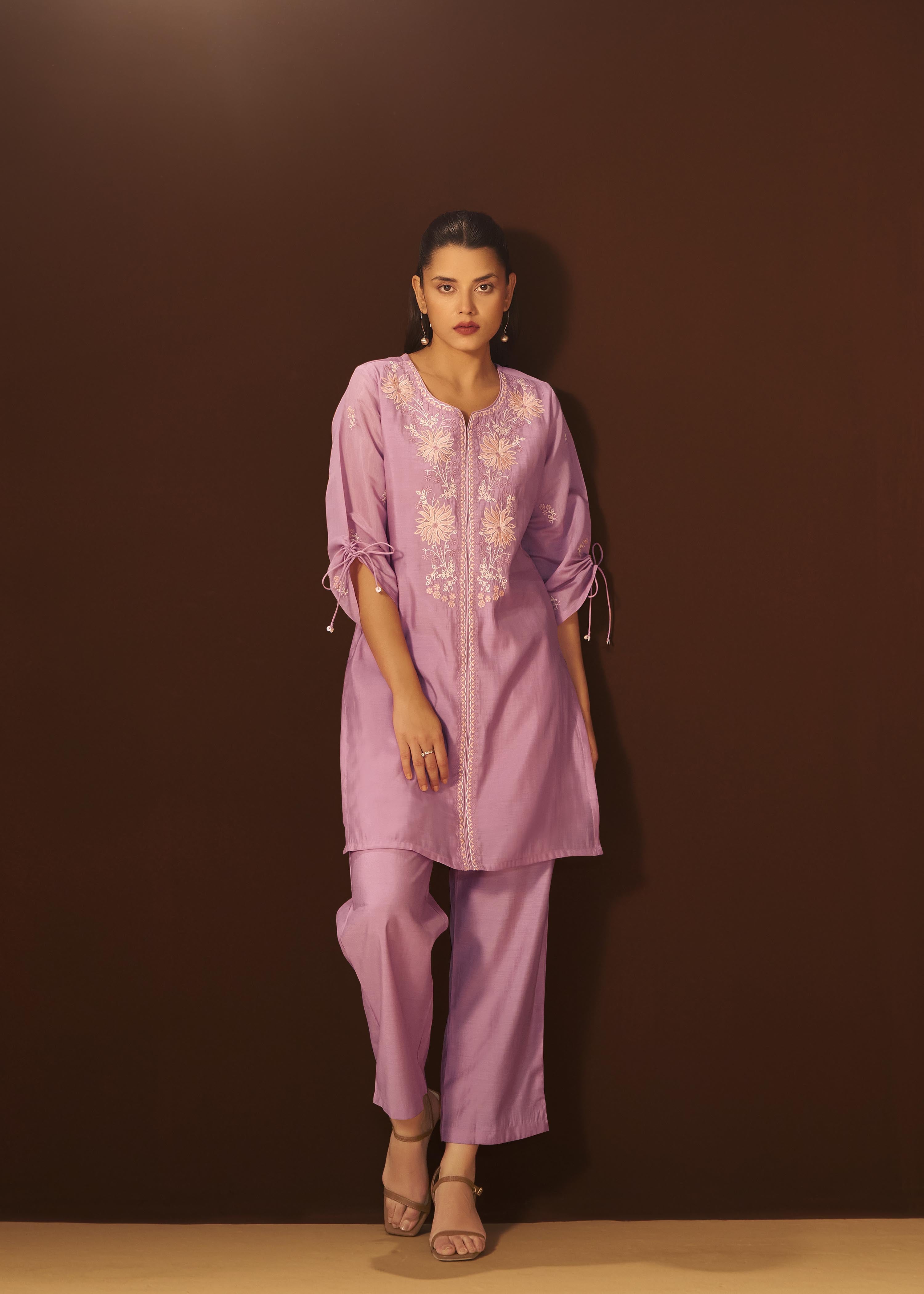 Lavender Mist Mul Chanderi Embroidery Co-ord Set
