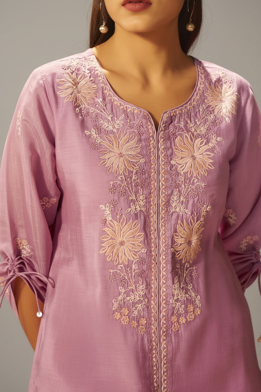 Lavender Mist Mul Chanderi Embroidery Co-ord Set