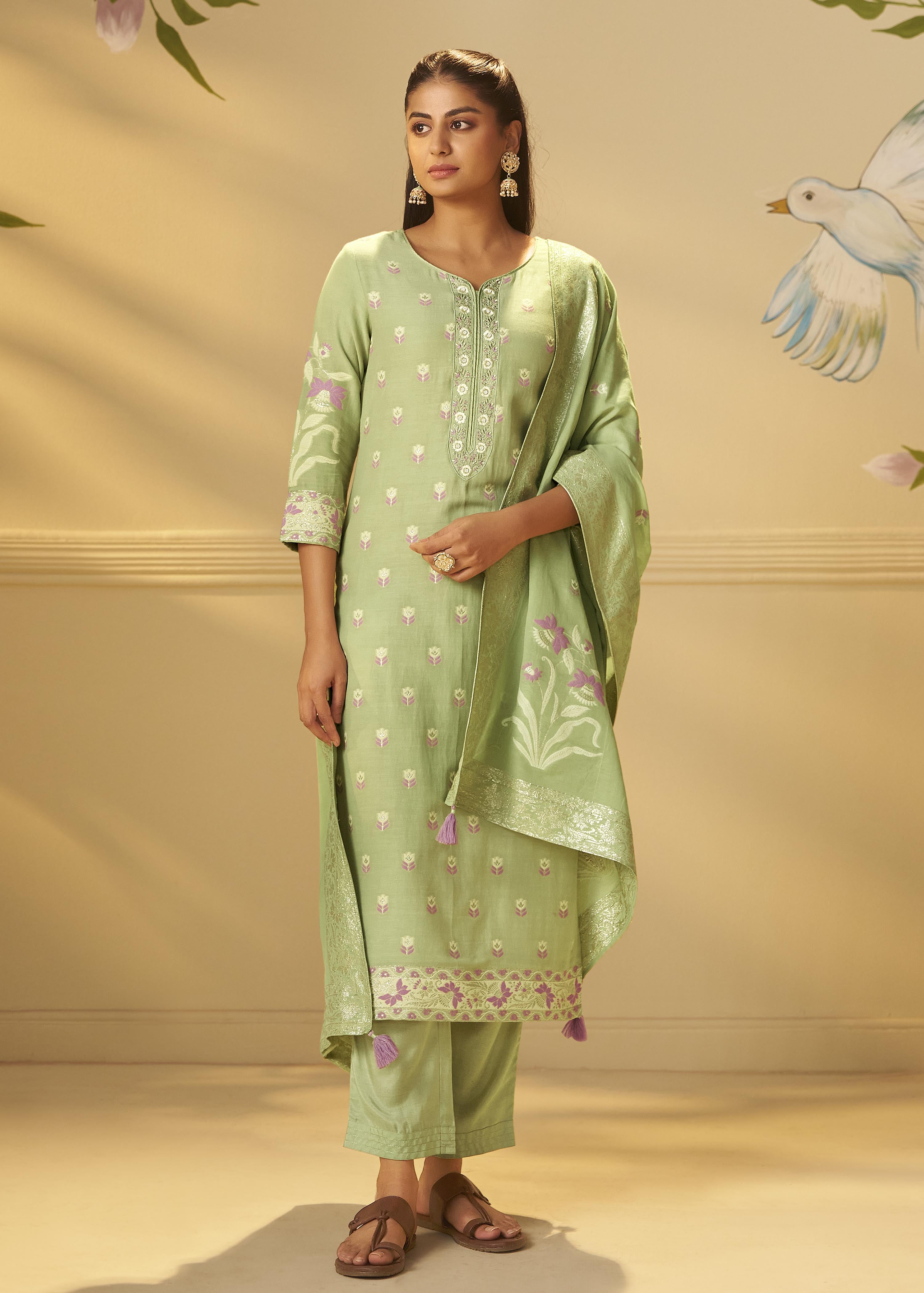 Pistachio Green Dyed Cotton Jacquard Fancy Kurta Set