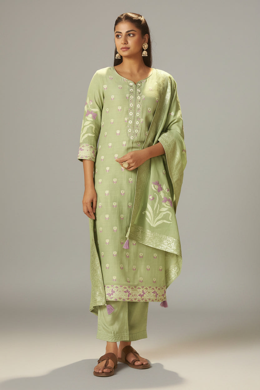 Pistachio Green Dyed Cotton Jacquard Fancy Kurta Set