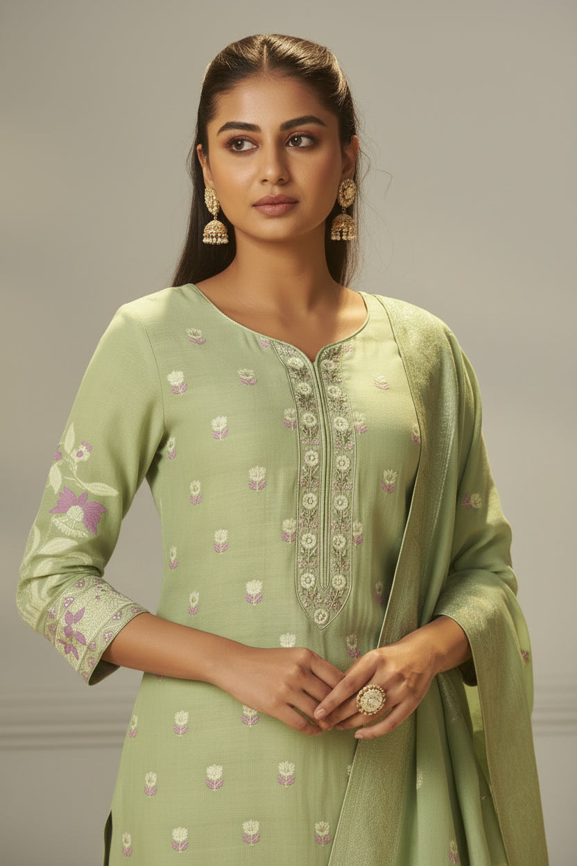 Pistachio Green Dyed Cotton Jacquard Fancy Kurta Set