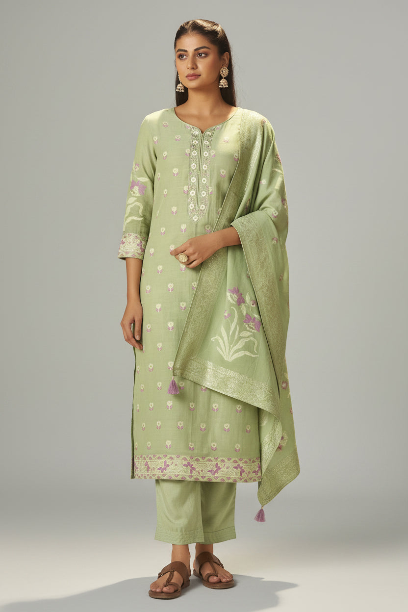 Pistachio Green Dyed Cotton Jacquard Fancy Kurta Set
