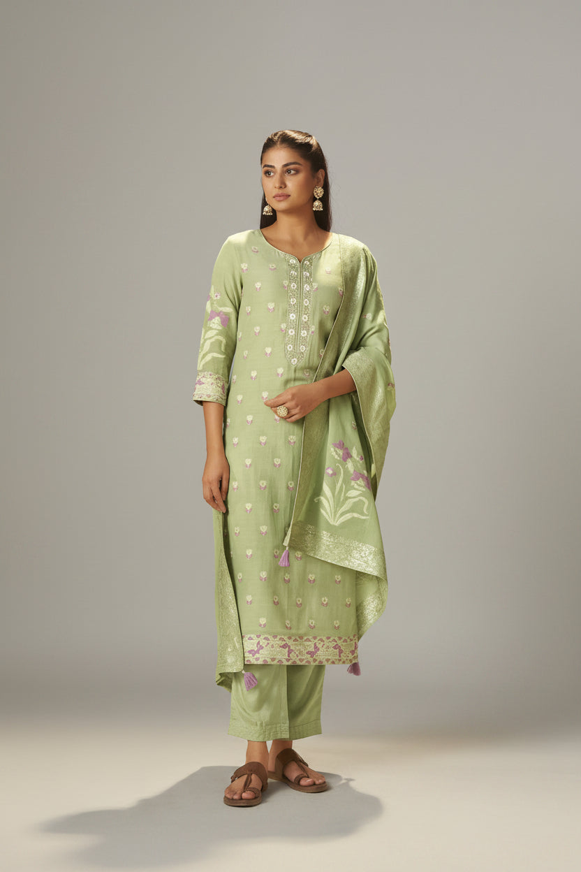 Pistachio Green Dyed Cotton Jacquard Fancy Kurta Set
