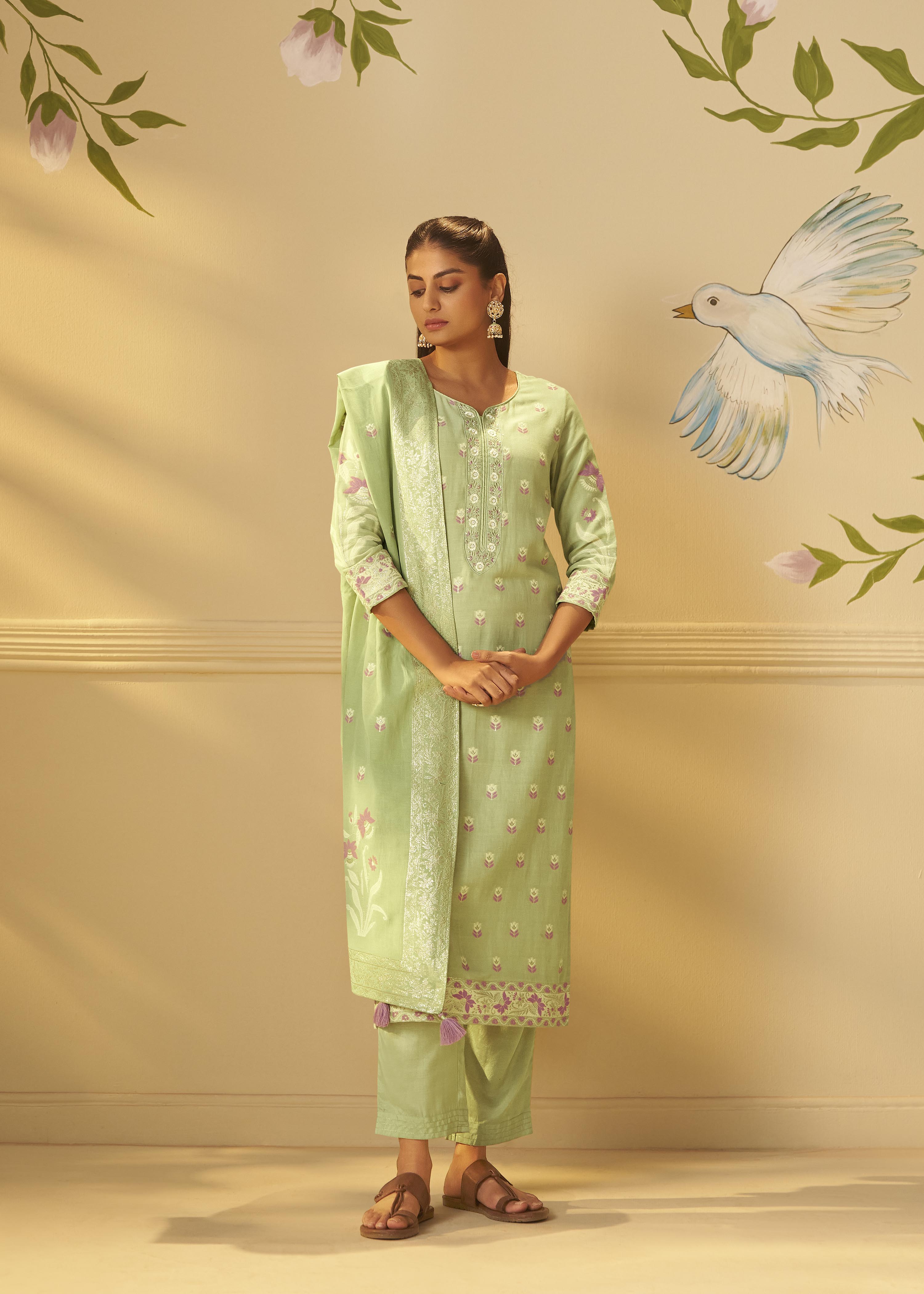 Pistachio Green Dyed Cotton Jacquard Fancy Kurta Set