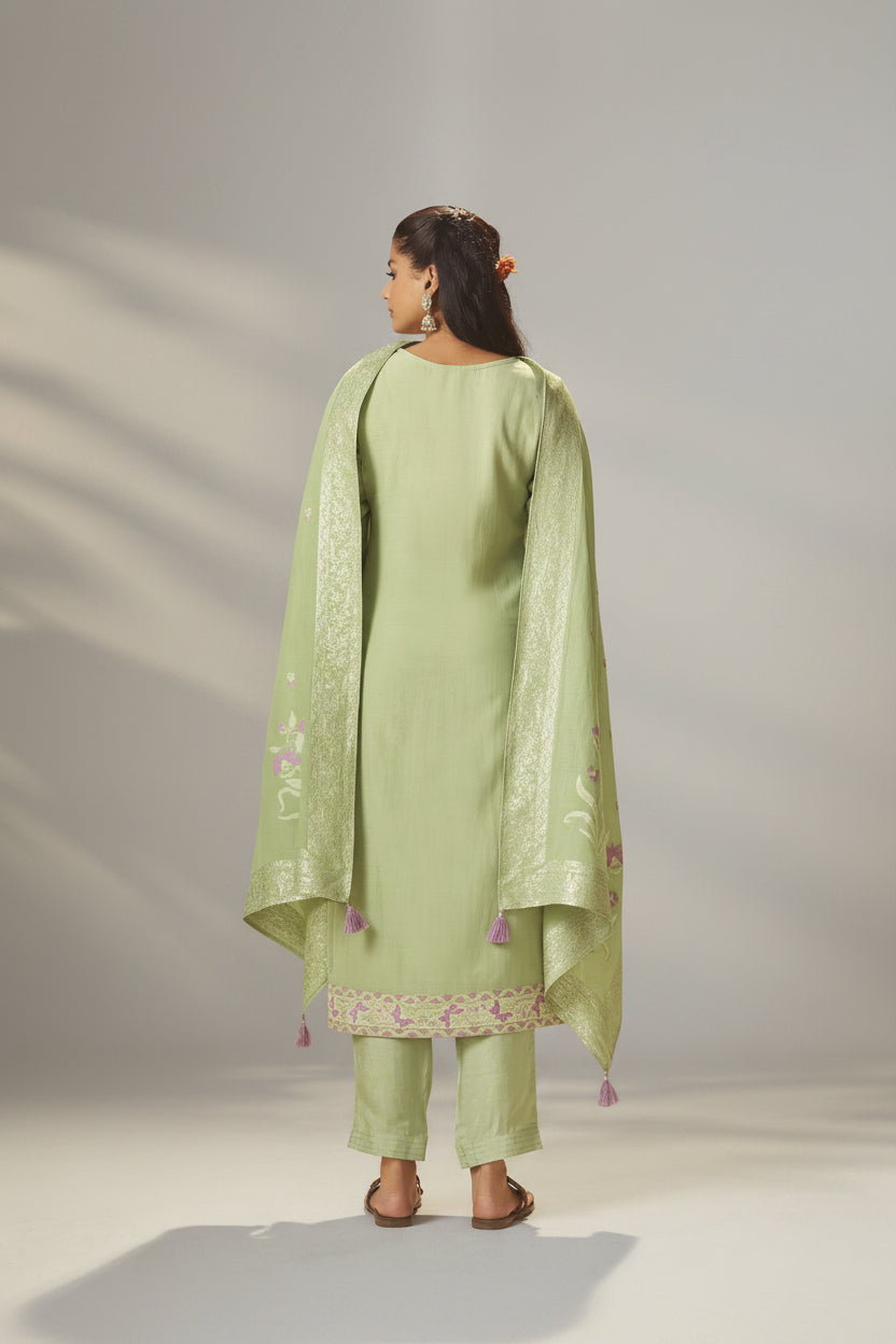 Pistachio Green Dyed Cotton Jacquard Fancy Kurta Set