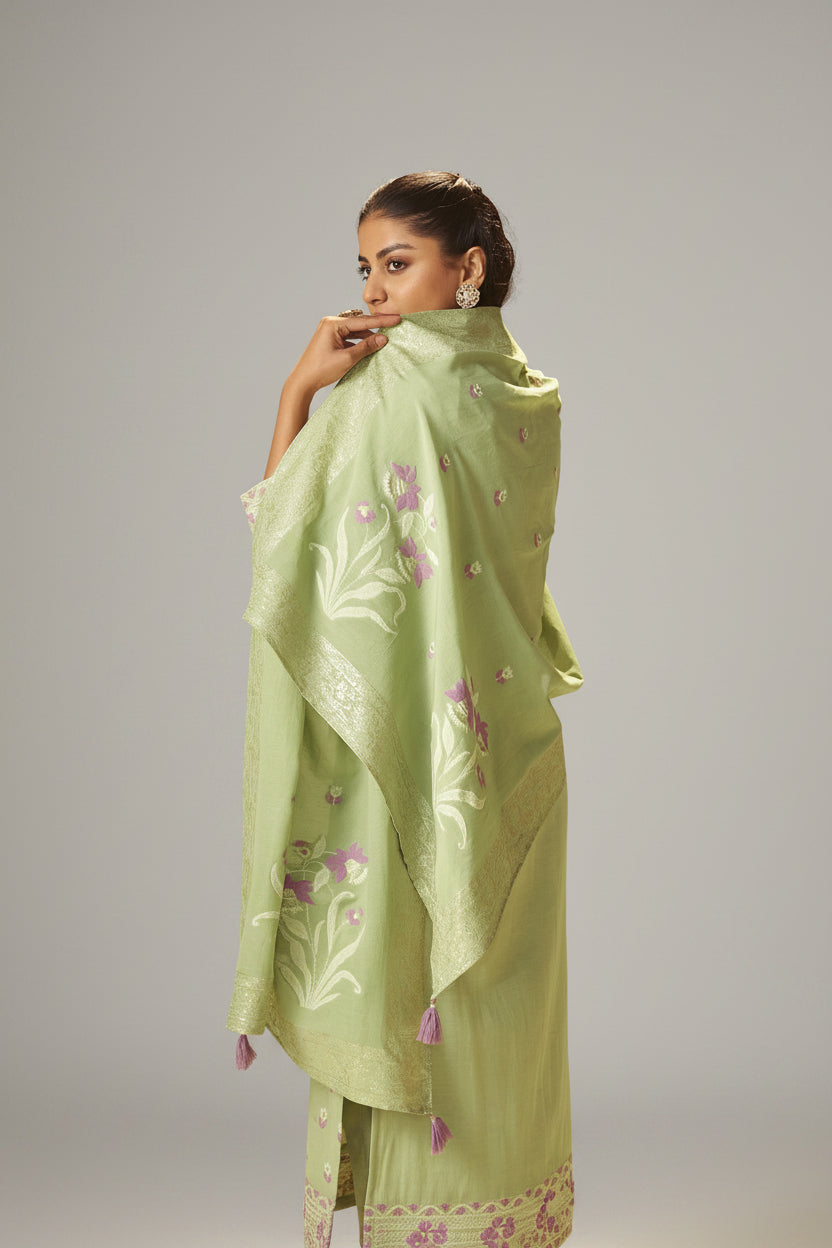 Pistachio Green Dyed Cotton Jacquard Fancy Kurta Set