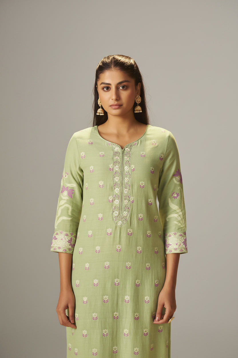Pistachio Green Dyed Cotton Jacquard Fancy Kurta Set