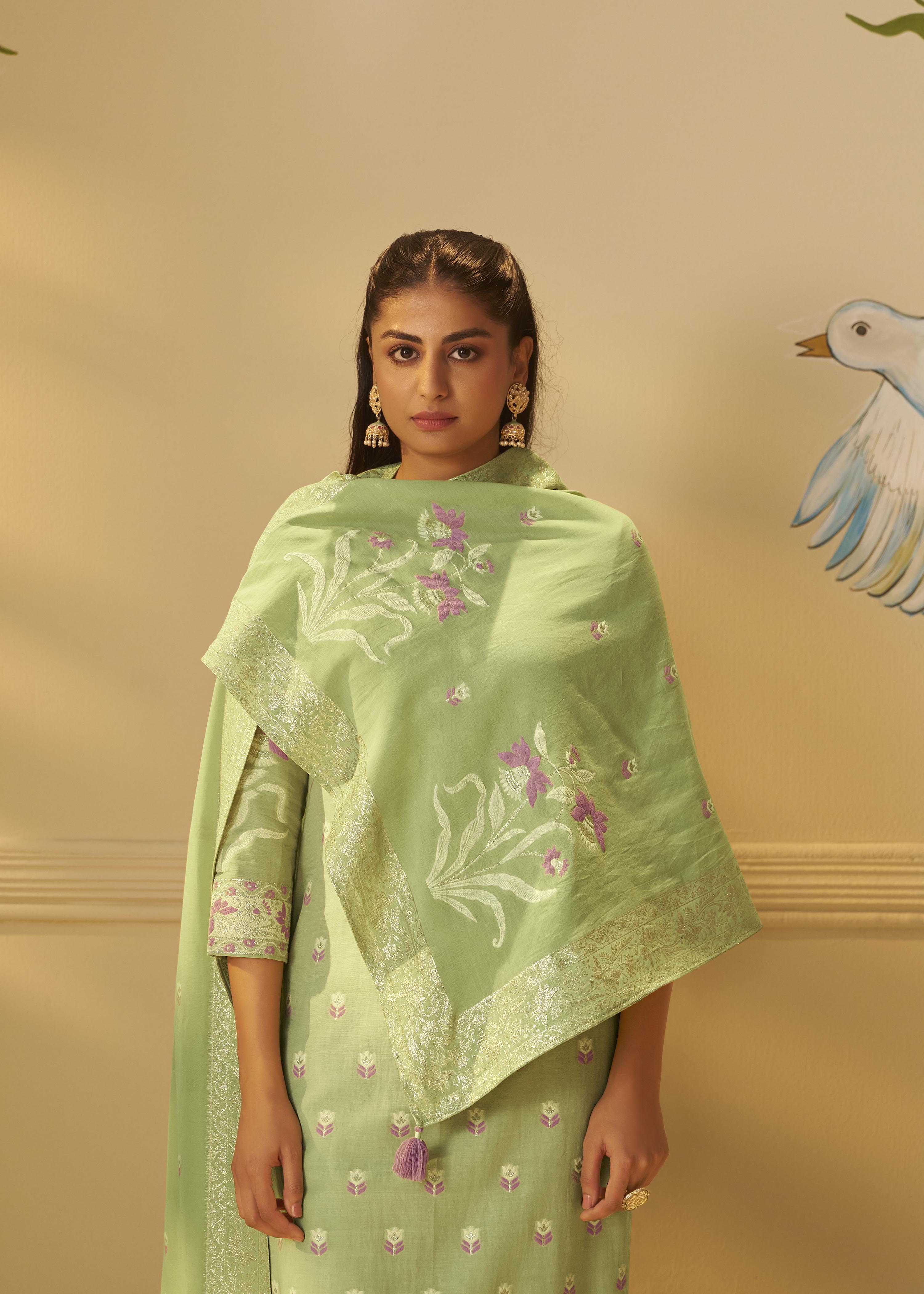 Pistachio Green Dyed Cotton Jacquard Fancy Kurta Set