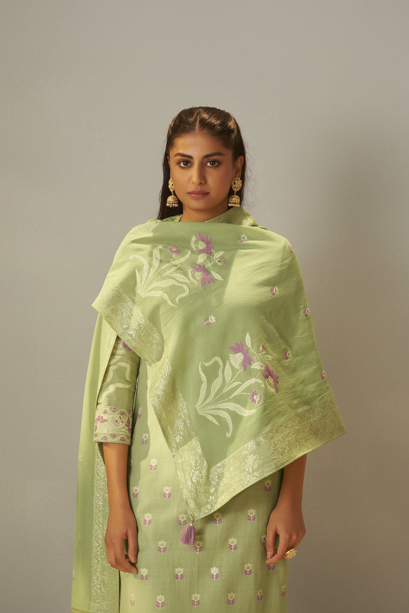 Pistachio Green Dyed Cotton Jacquard Fancy Kurta Set