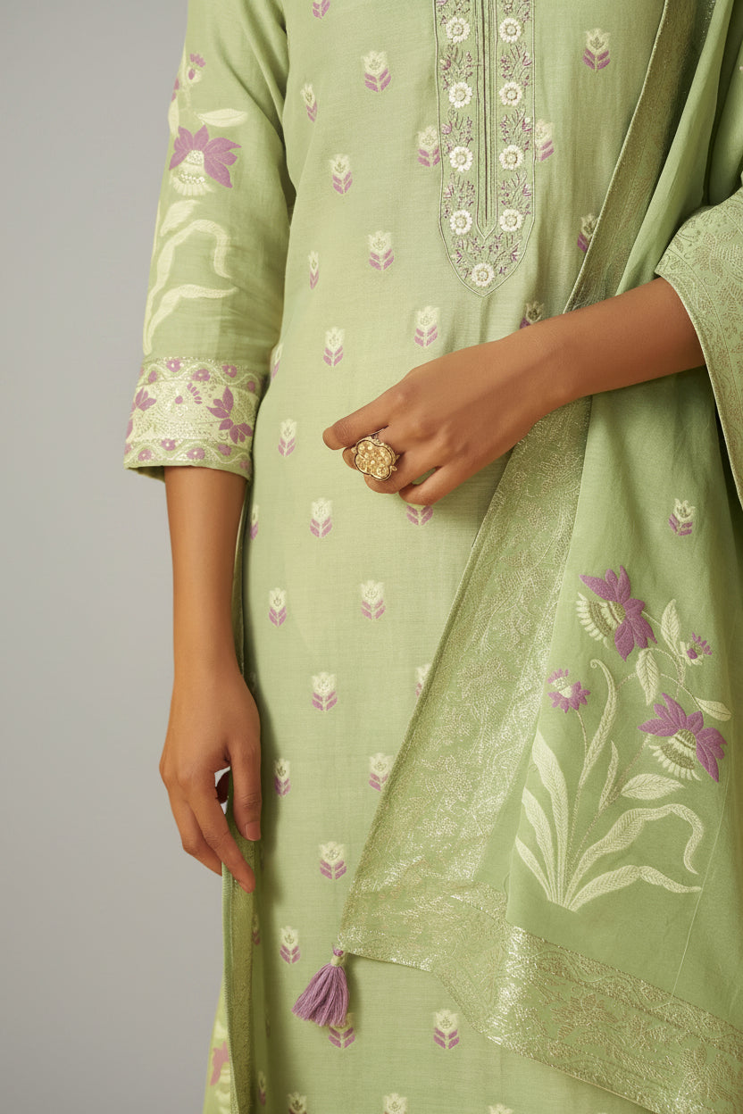 Pistachio Green Dyed Cotton Jacquard Fancy Kurta Set