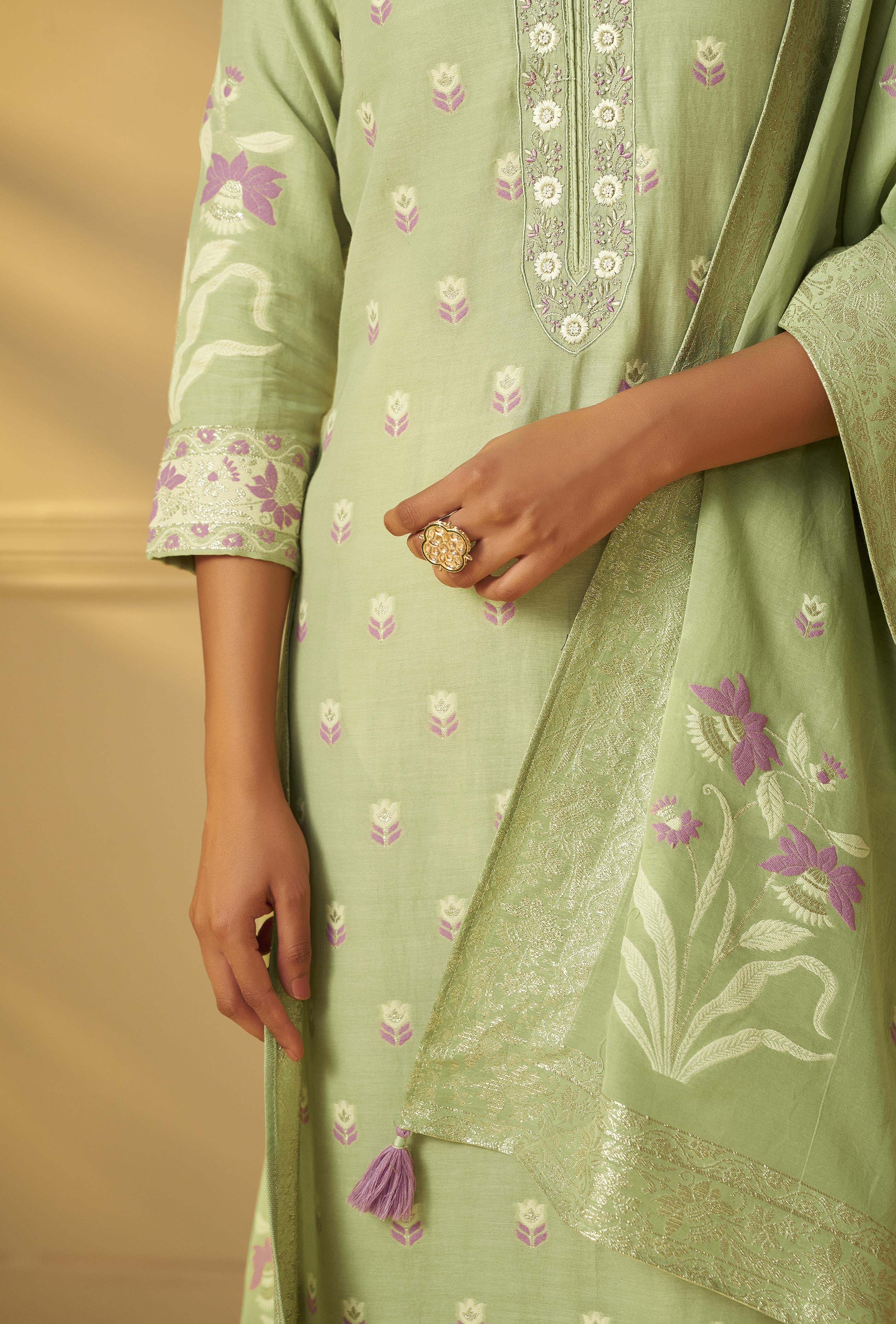 Pistachio Green Dyed Cotton Jacquard Fancy Kurta Set