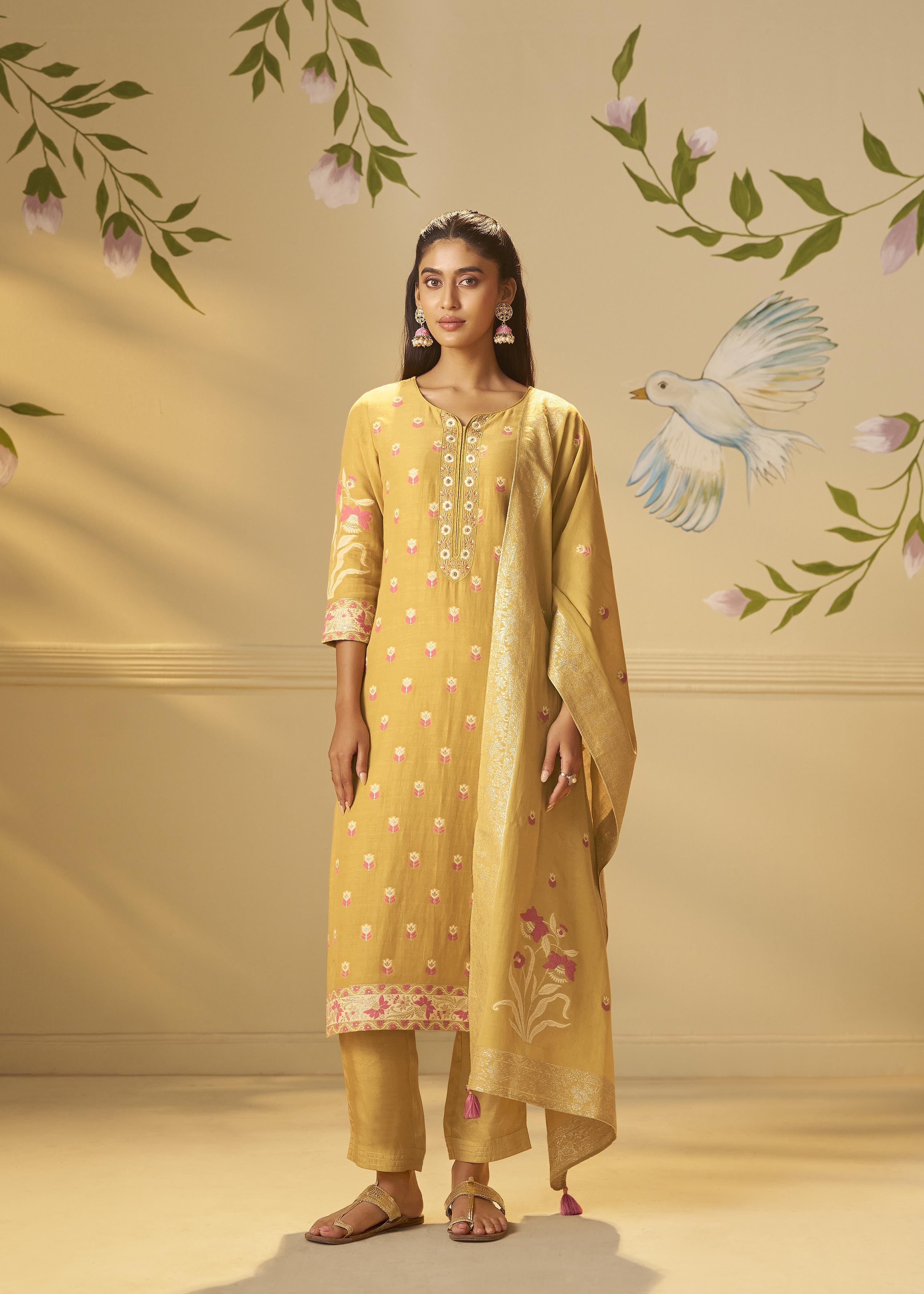 Warm Mustard Dyed Cotton Jacquard Fancy Kurta Set