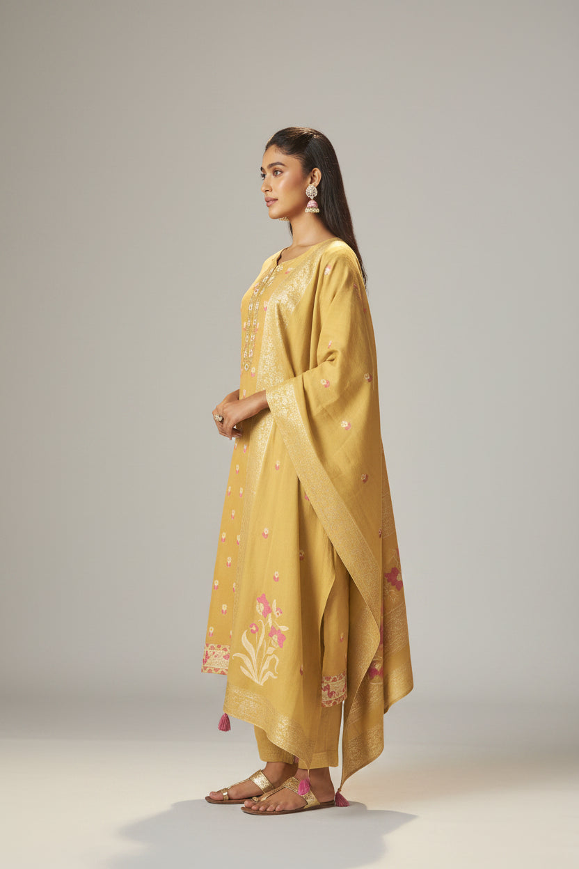 Warm Mustard Dyed Cotton Jacquard Fancy Kurta Set