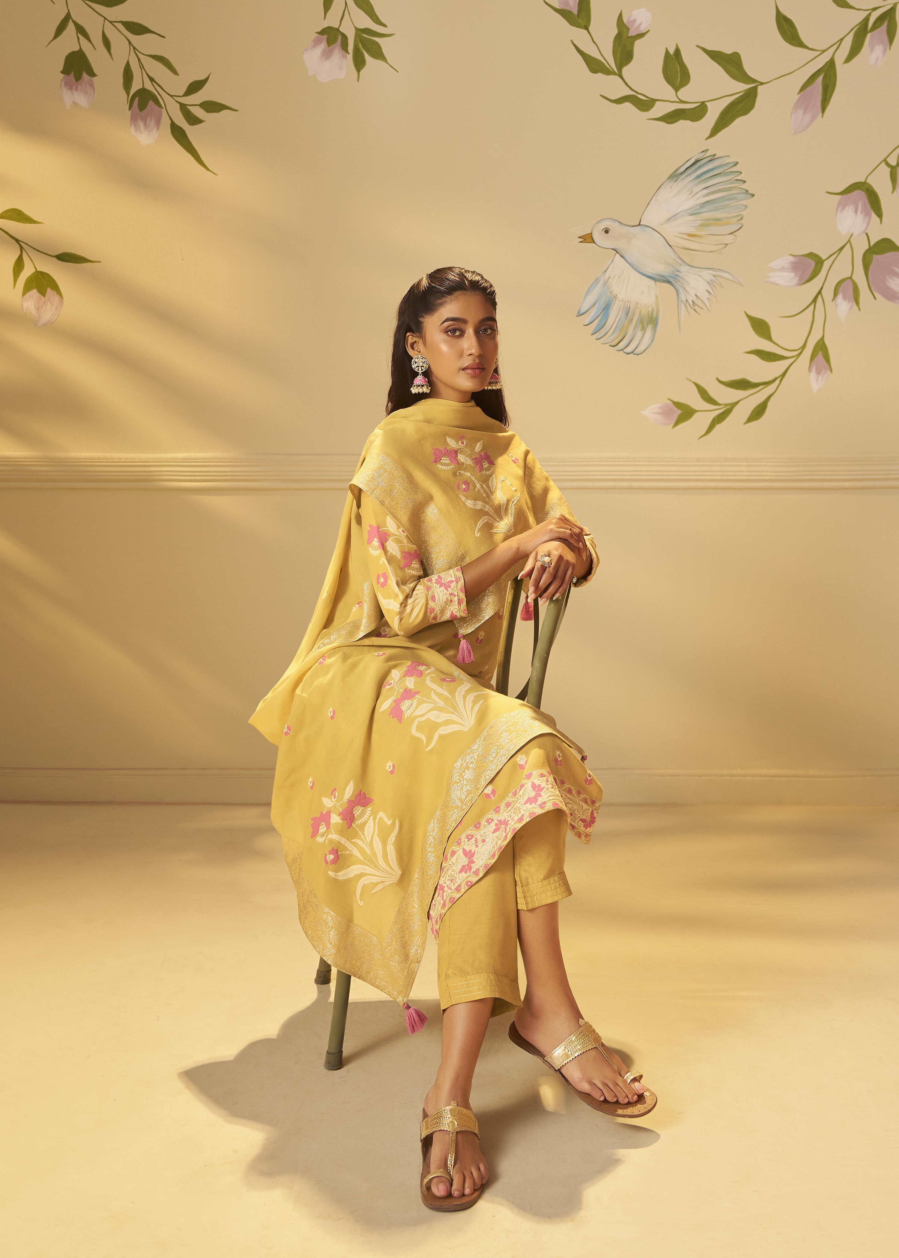 Warm Mustard Dyed Cotton Jacquard Fancy Kurta Set