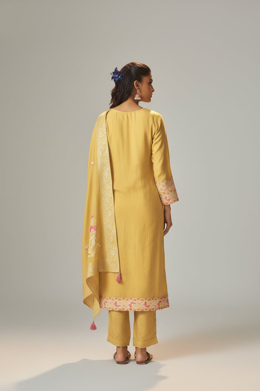 Warm Mustard Dyed Cotton Jacquard Fancy Kurta Set
