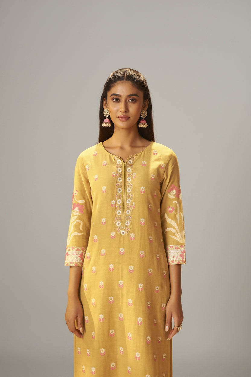 Warm Mustard Dyed Cotton Jacquard Fancy Kurta Set