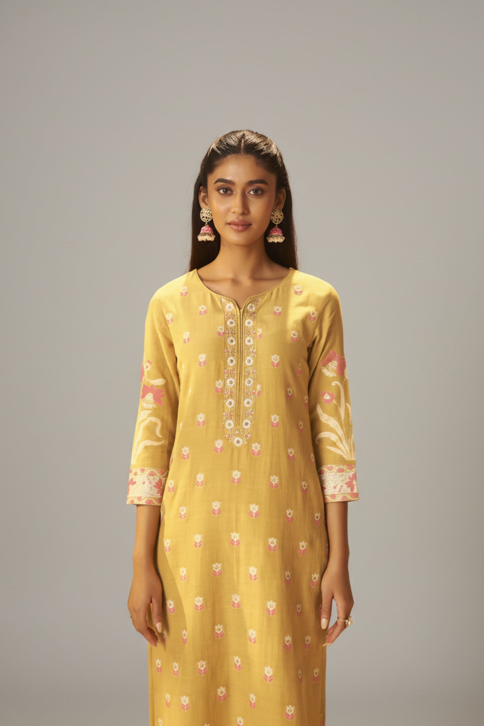 Warm Mustard Dyed Cotton Jacquard Fancy Kurta Set