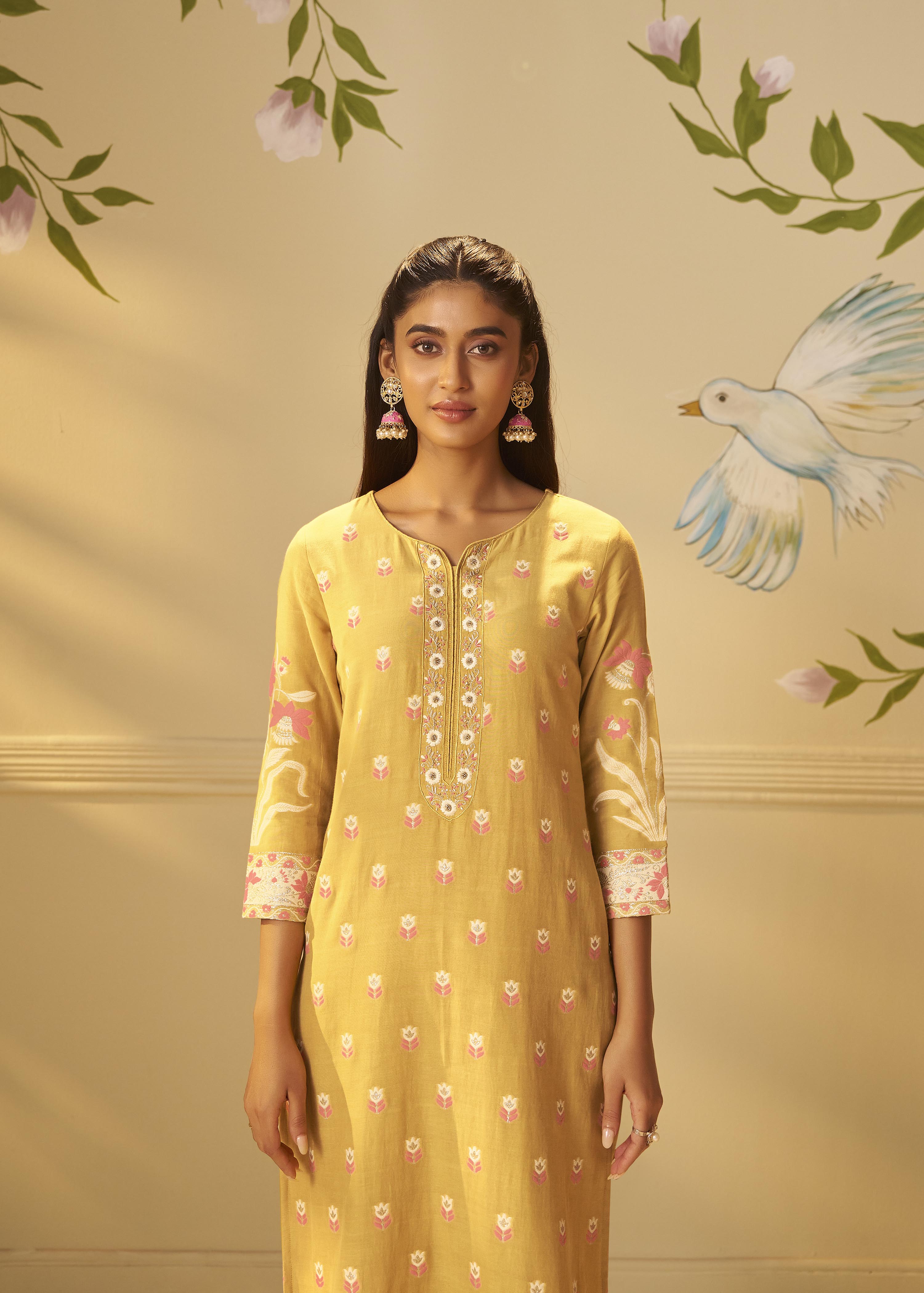 Warm Mustard Dyed Cotton Jacquard Fancy Kurta Set