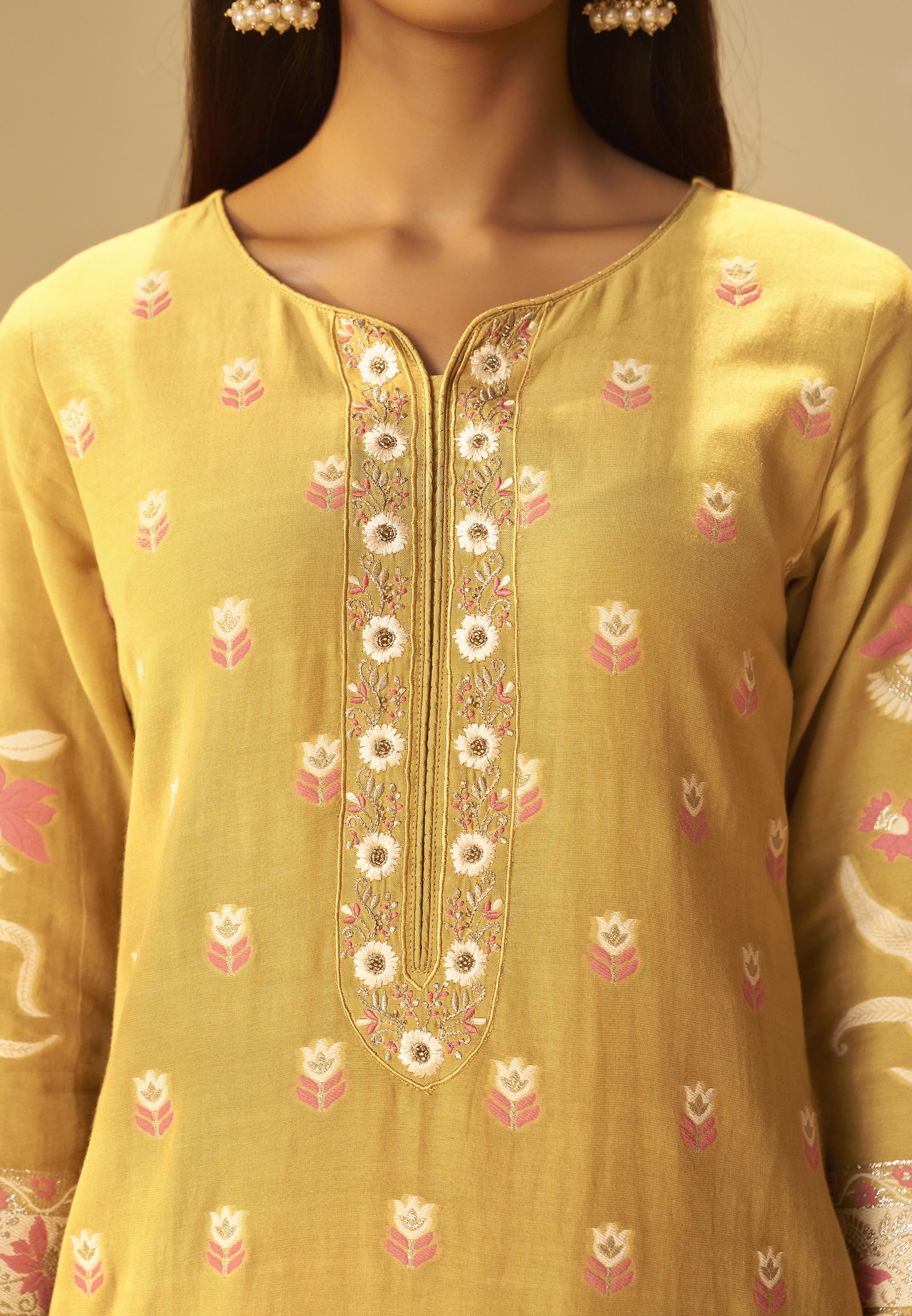 Warm Mustard Dyed Cotton Jacquard Fancy Kurta Set
