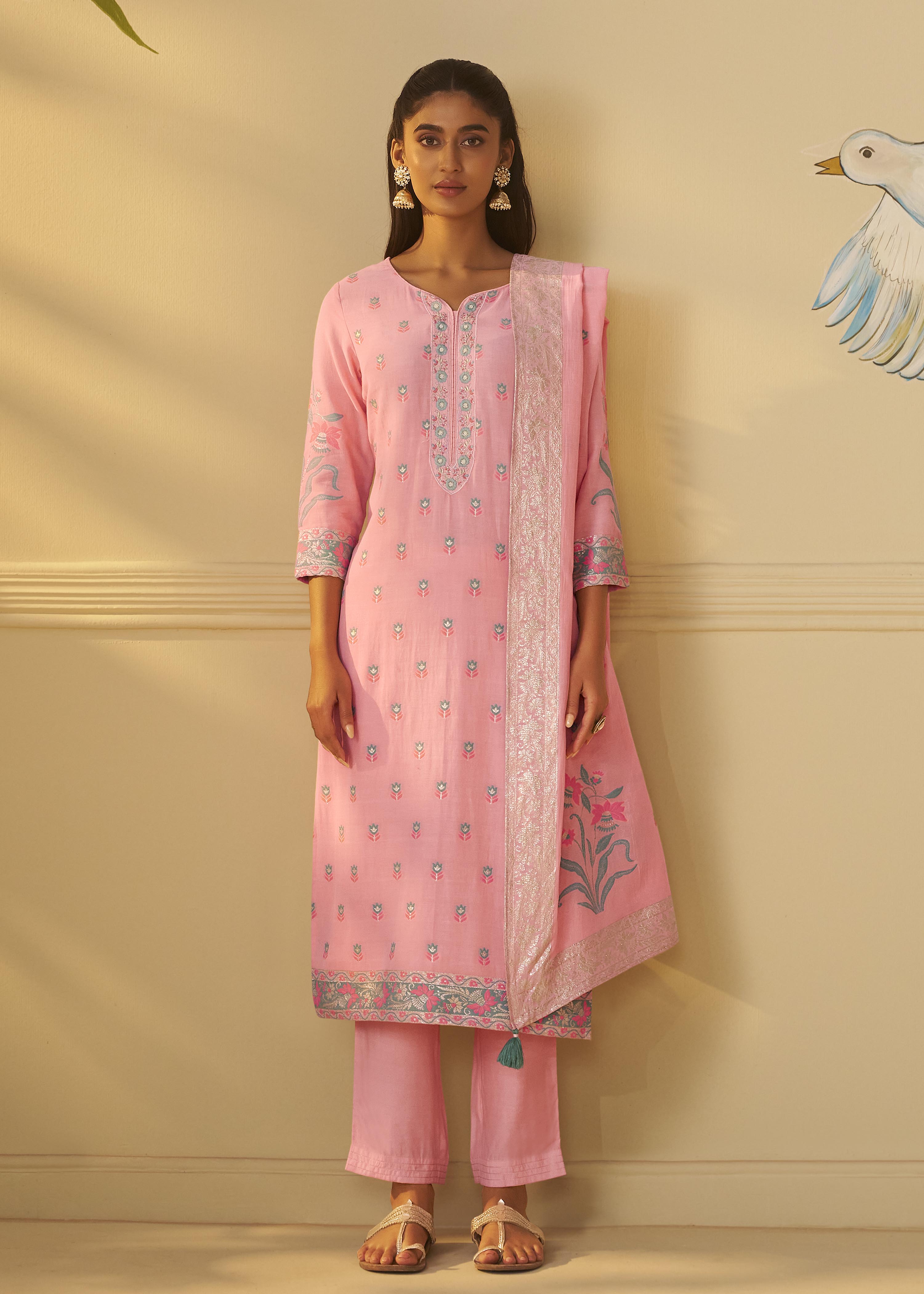 Blush Rose Pink Dyed Cotton Jacquard Fancy Kurta Set