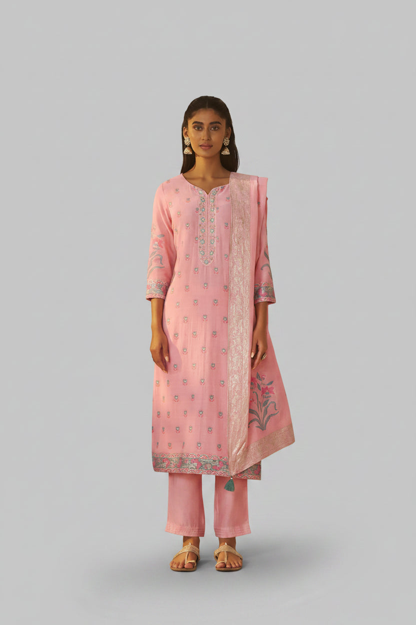 Blush Rose Pink Dyed Cotton Jacquard Fancy Kurta Set