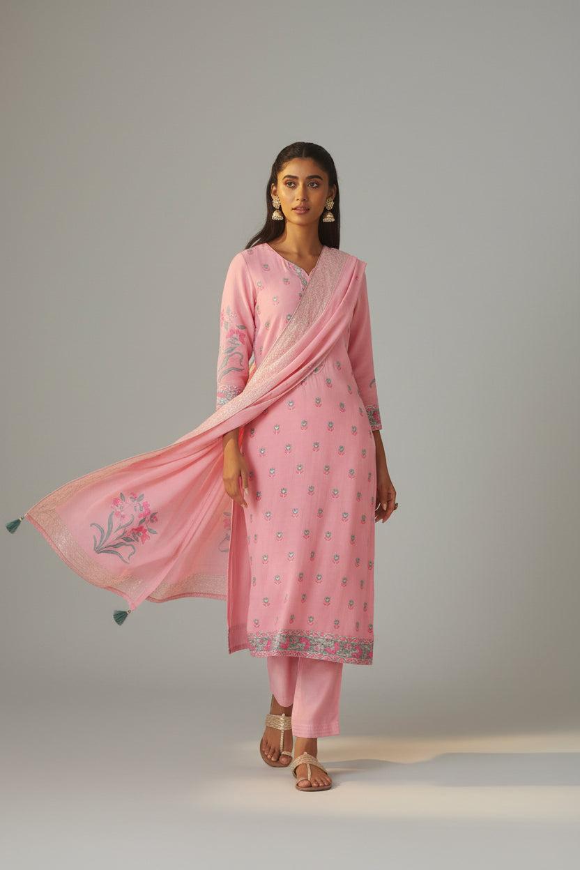Blush Rose Pink Dyed Cotton Jacquard Fancy Kurta Set