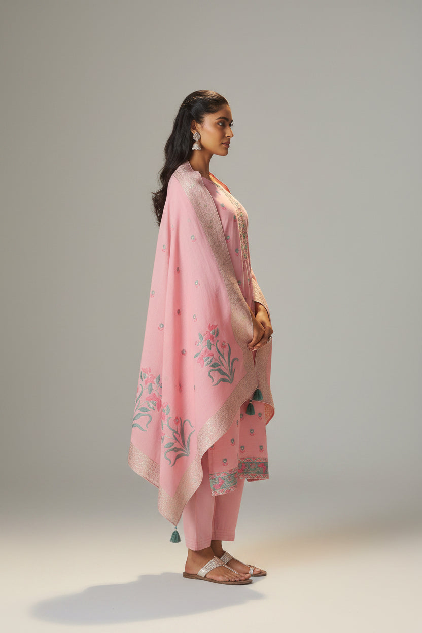 Blush Rose Pink Dyed Cotton Jacquard Fancy Kurta Set