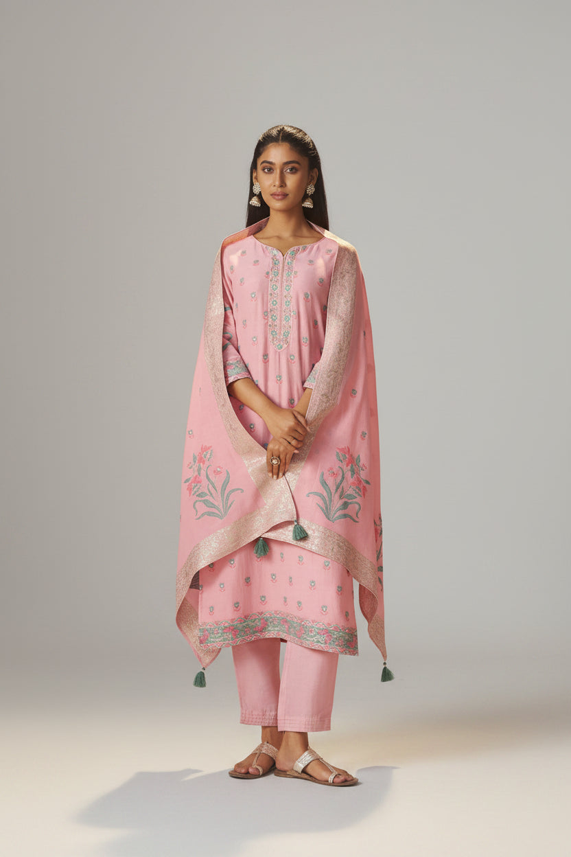 Blush Rose Pink Dyed Cotton Jacquard Fancy Kurta Set