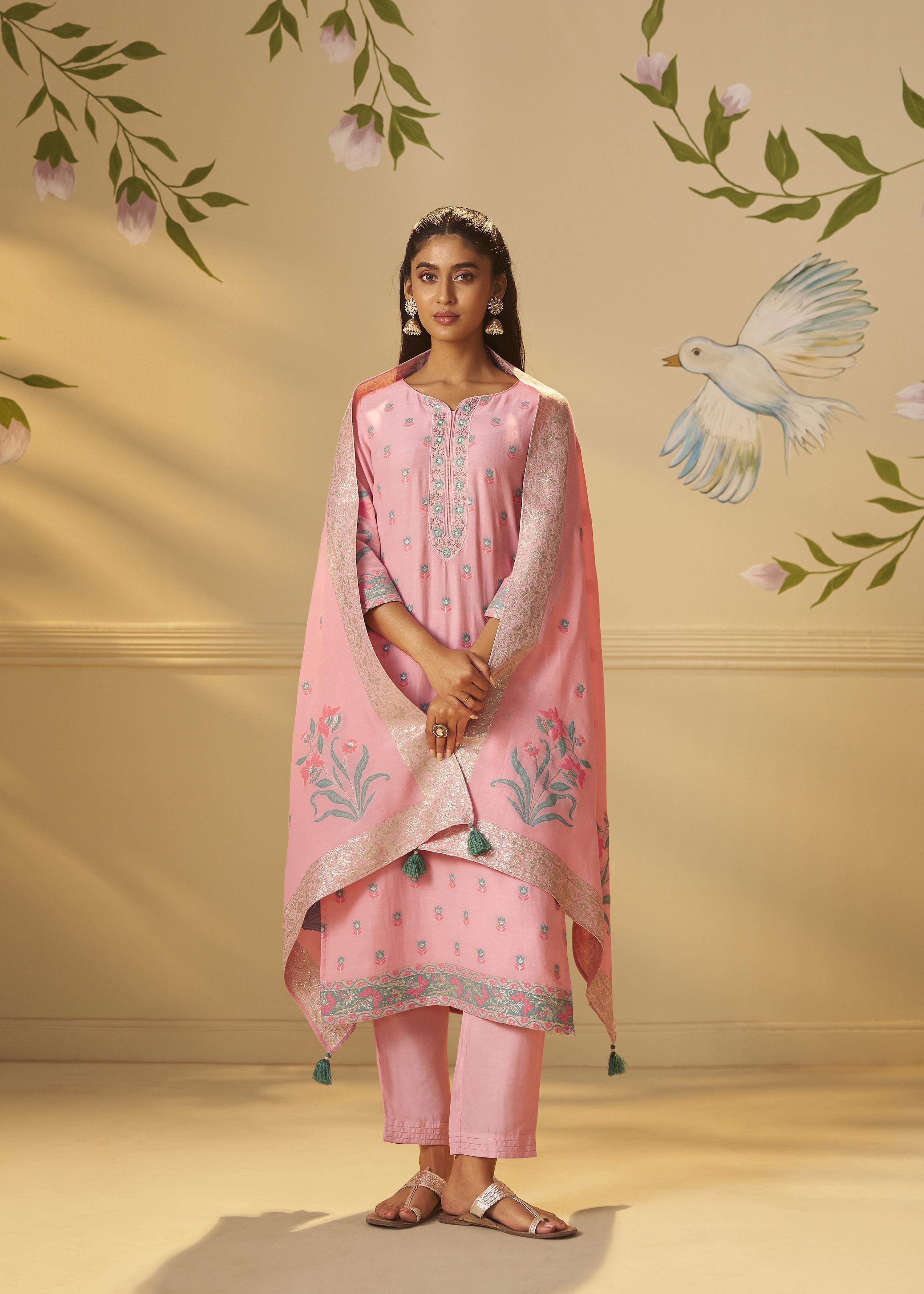 Blush Rose Pink Dyed Cotton Jacquard Fancy Kurta Set