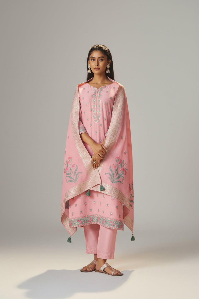 Blush Rose Pink Dyed Cotton Jacquard Fancy Kurta Set
