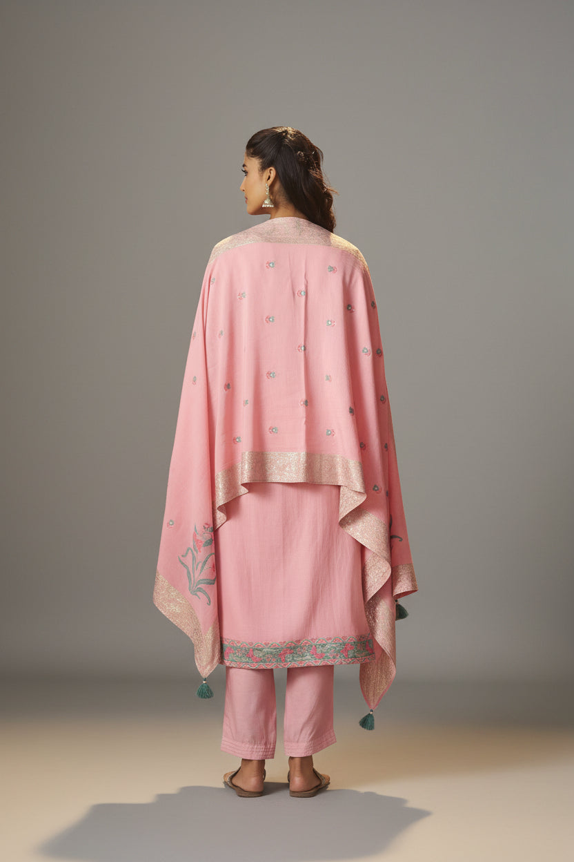Blush Rose Pink Dyed Cotton Jacquard Fancy Kurta Set
