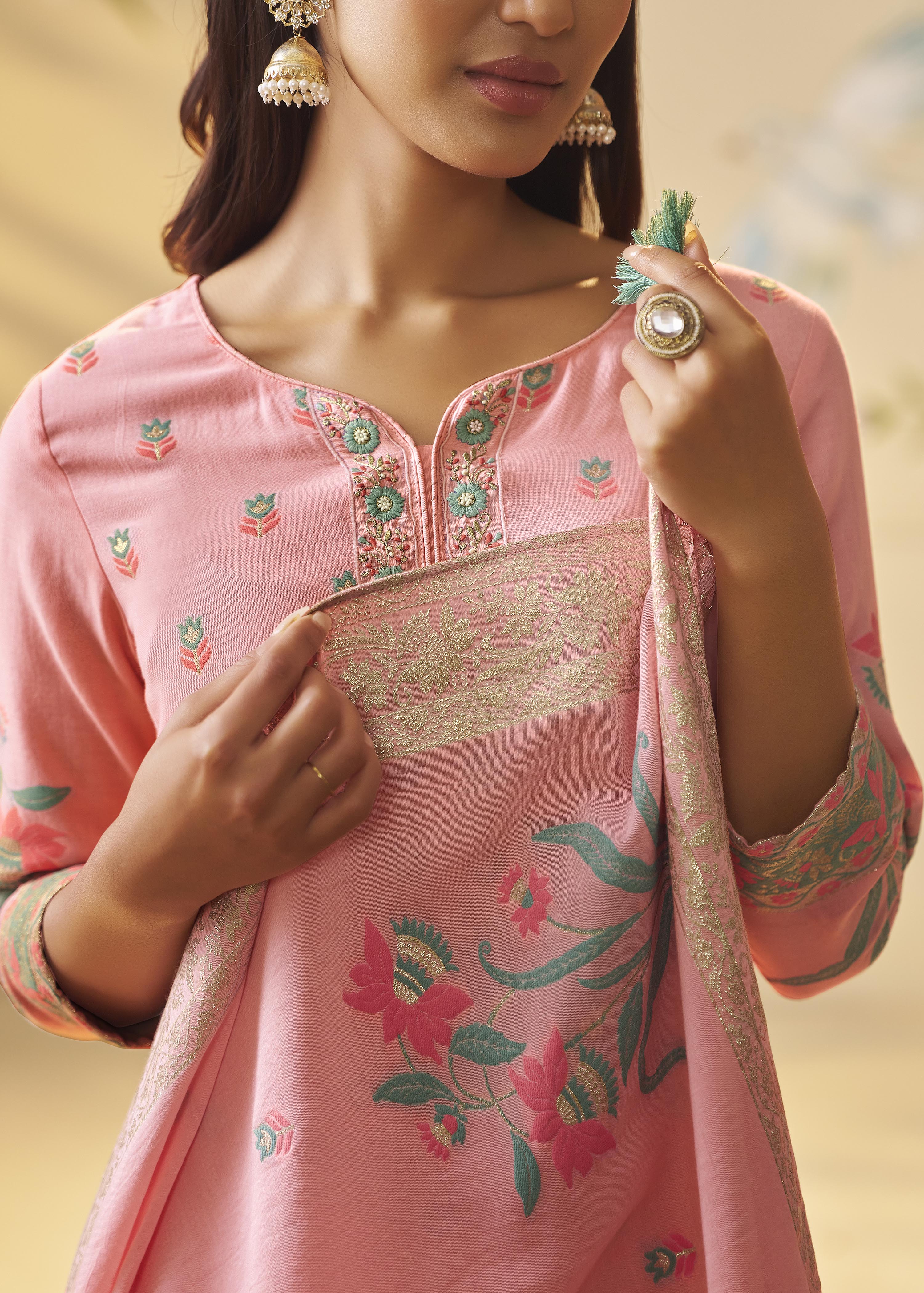 Blush Rose Pink Dyed Cotton Jacquard Fancy Kurta Set
