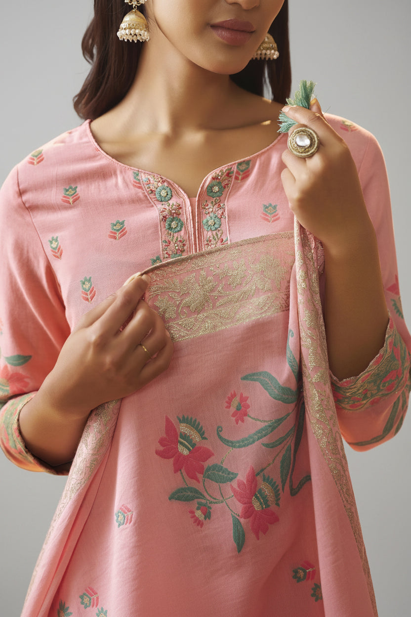 Blush Rose Pink Dyed Cotton Jacquard Fancy Kurta Set