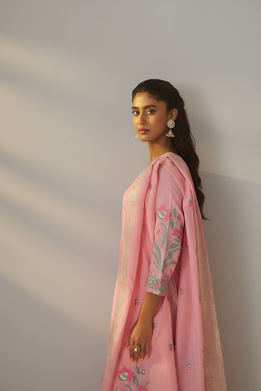 Blush Rose Pink Dyed Cotton Jacquard Fancy Kurta Set