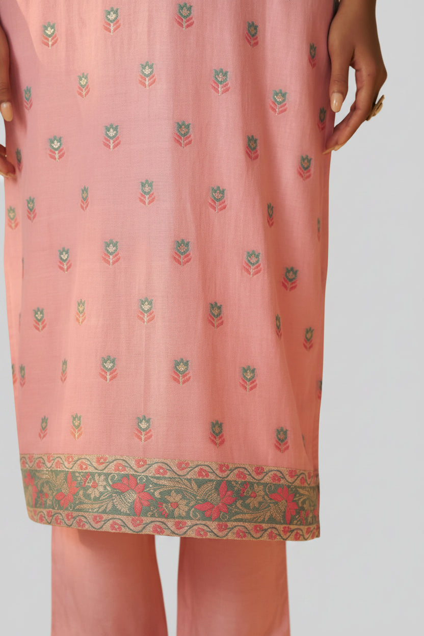 Blush Rose Pink Dyed Cotton Jacquard Fancy Kurta Set