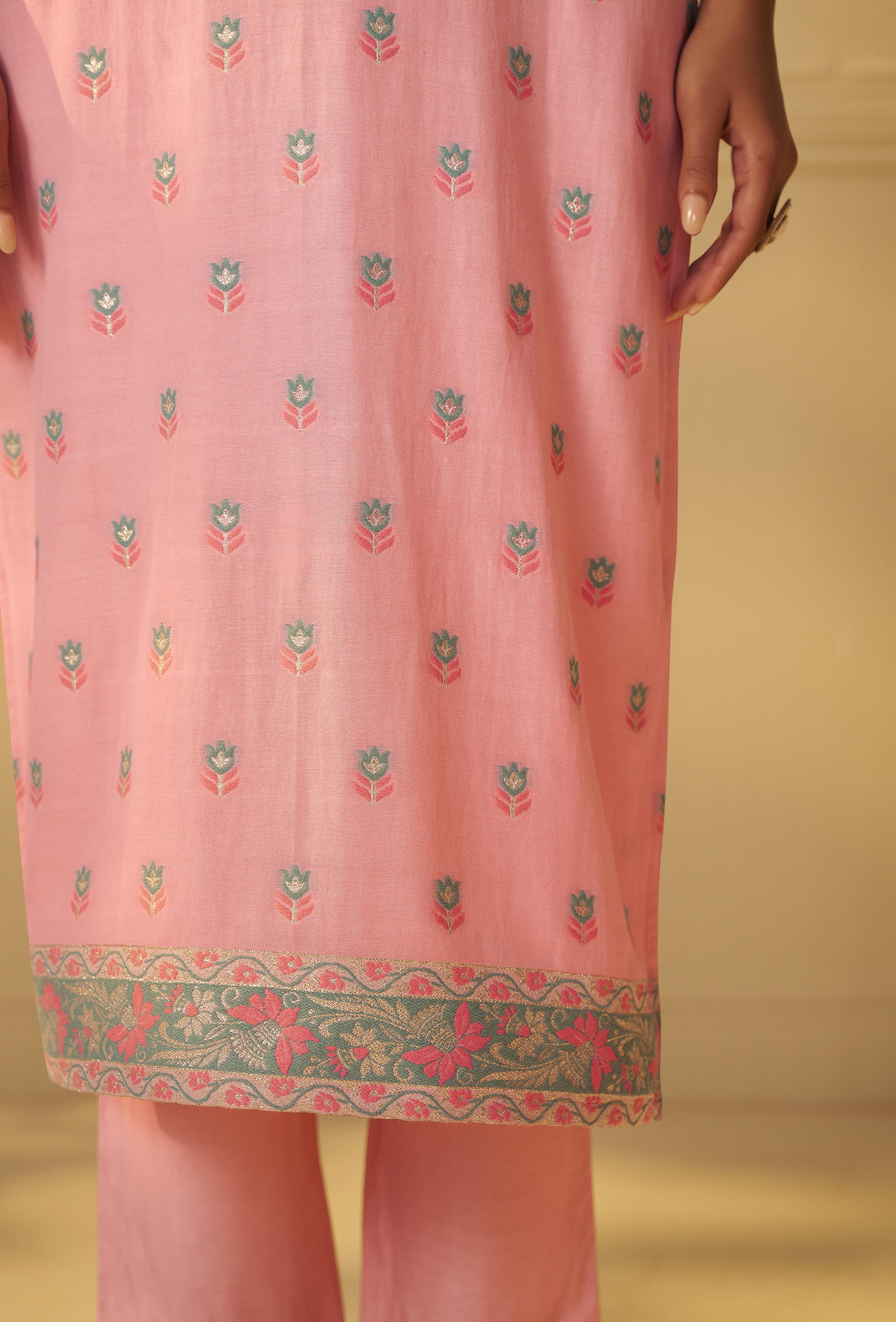 Blush Rose Pink Dyed Cotton Jacquard Fancy Kurta Set