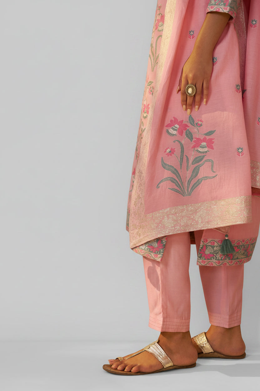 Blush Rose Pink Dyed Cotton Jacquard Fancy Kurta Set