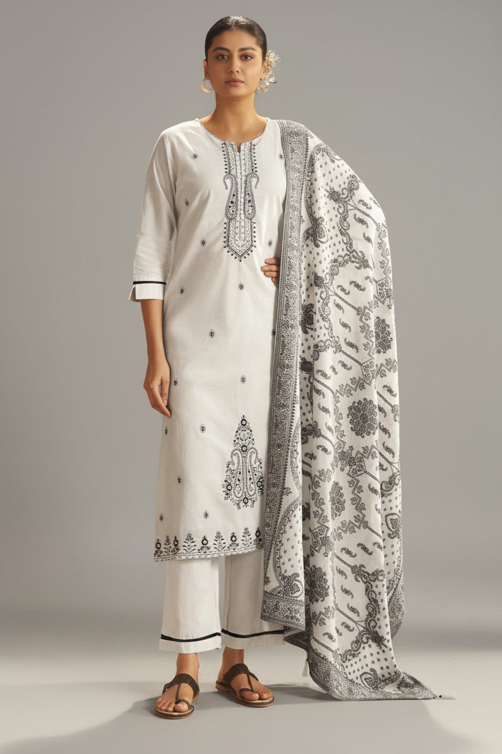 Blanc Cream Pure Cotton Embroidery Kurta Set