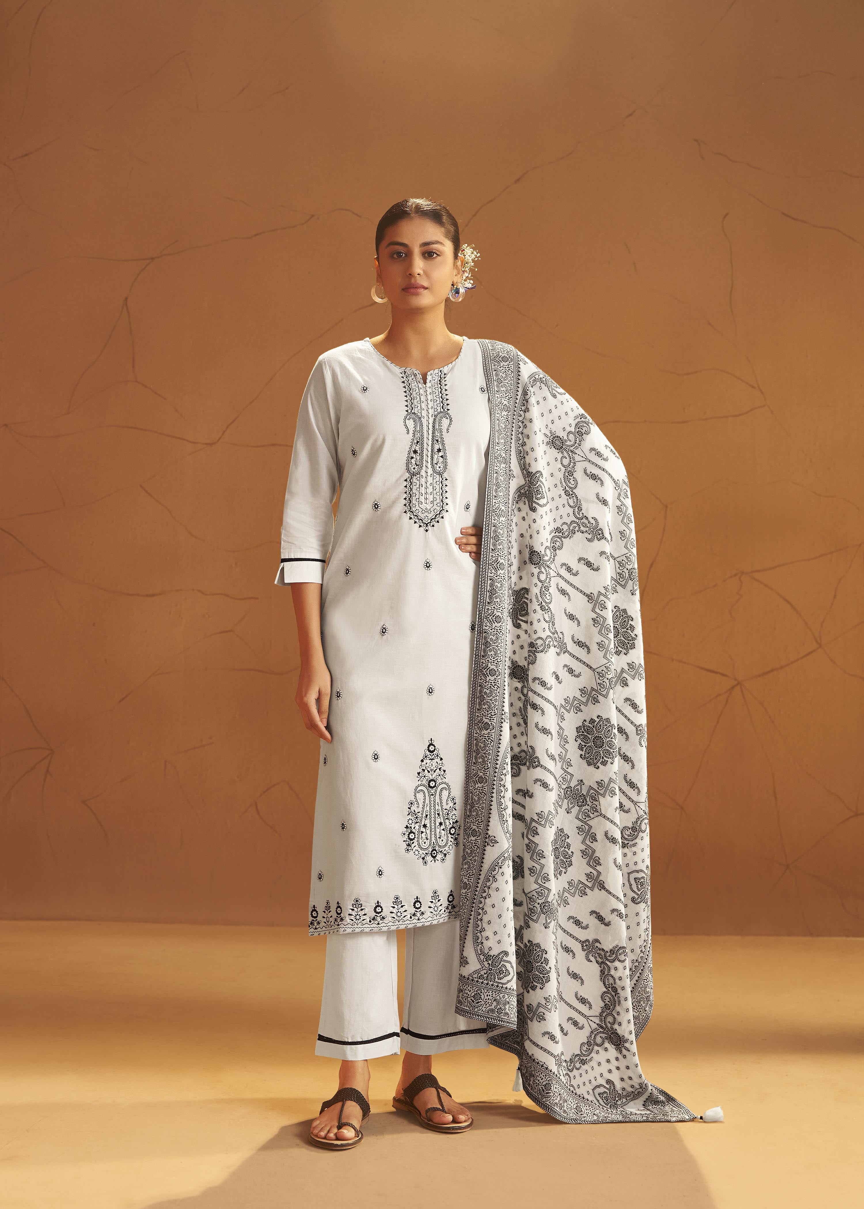 Blanc Cream Pure Cotton Embroidery Kurta Set