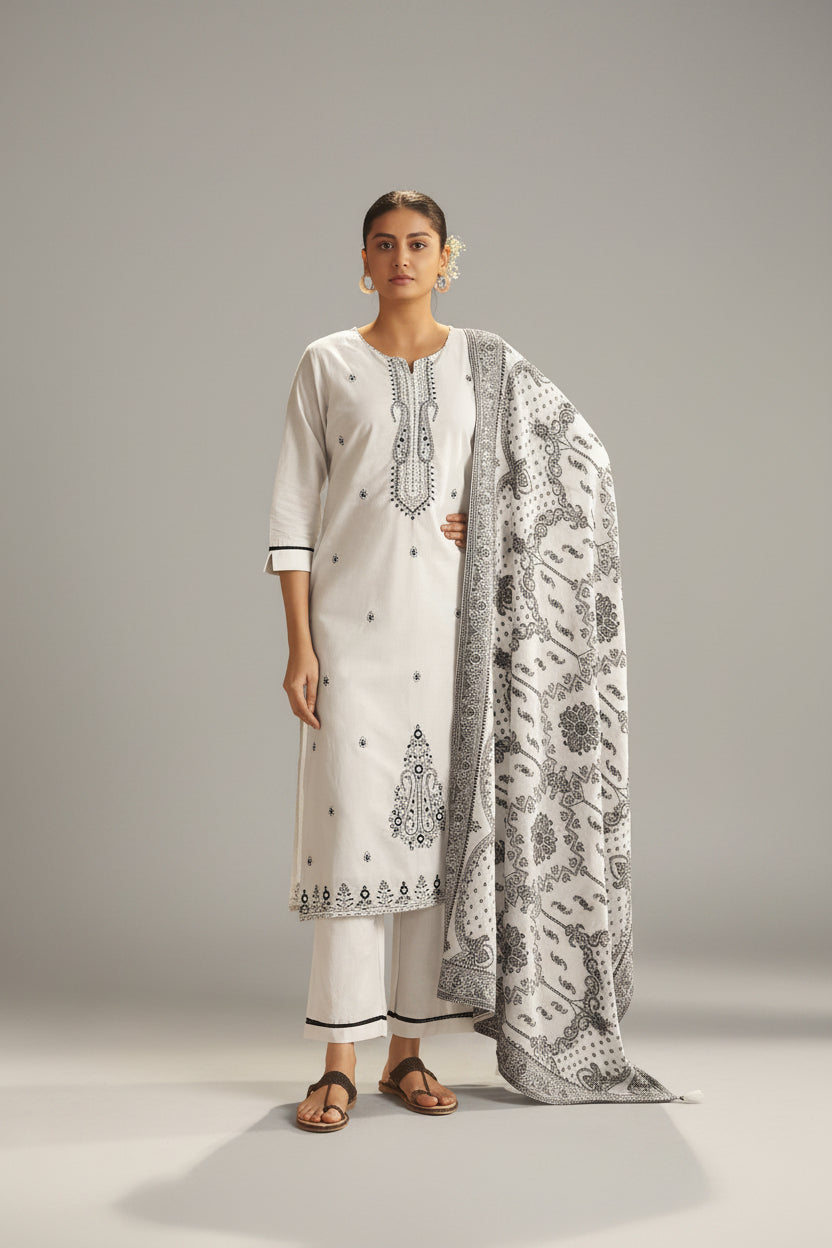 Blanc Cream Pure Cotton Embroidery Kurta Set