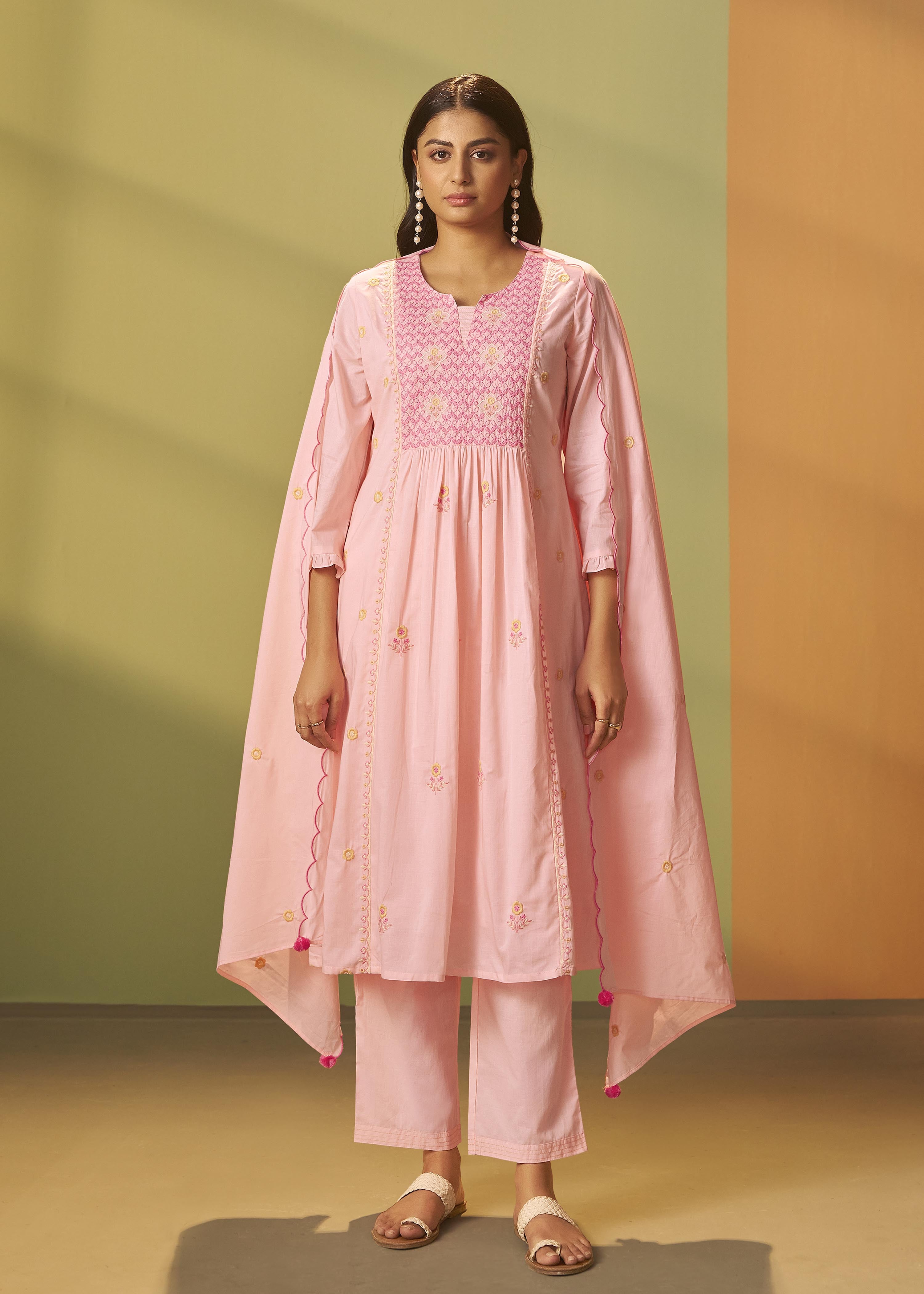 Powder Pink A-Line Pure Cotton Embroidery Kurta Set