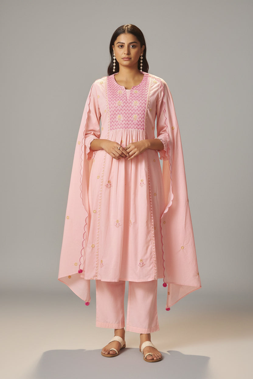 Powder Pink A-Line Pure Cotton Embroidery Kurta Set