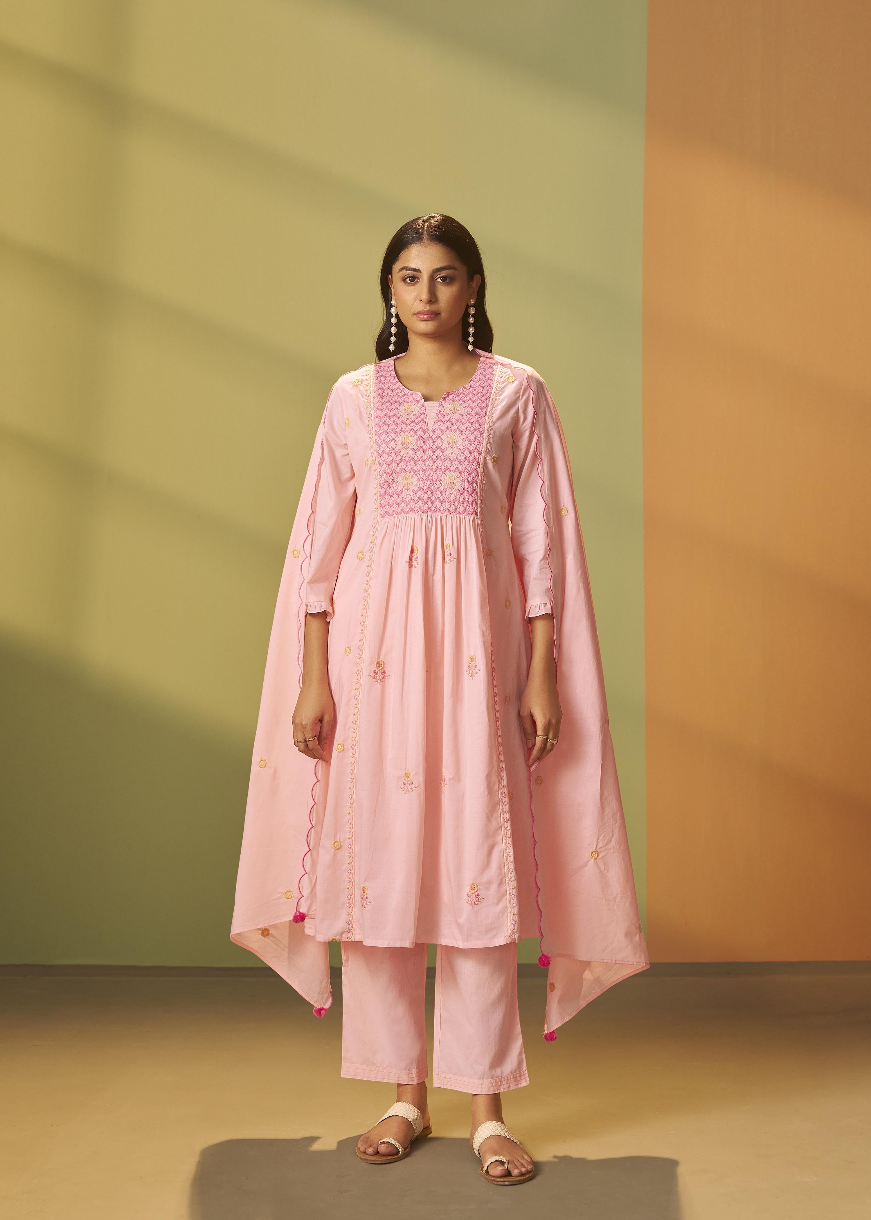 Powder Pink A-Line Pure Cotton Embroidery Kurta Set