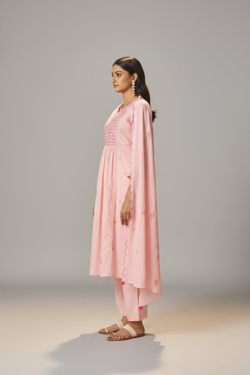 Powder Pink A-Line Pure Cotton Embroidery Kurta Set