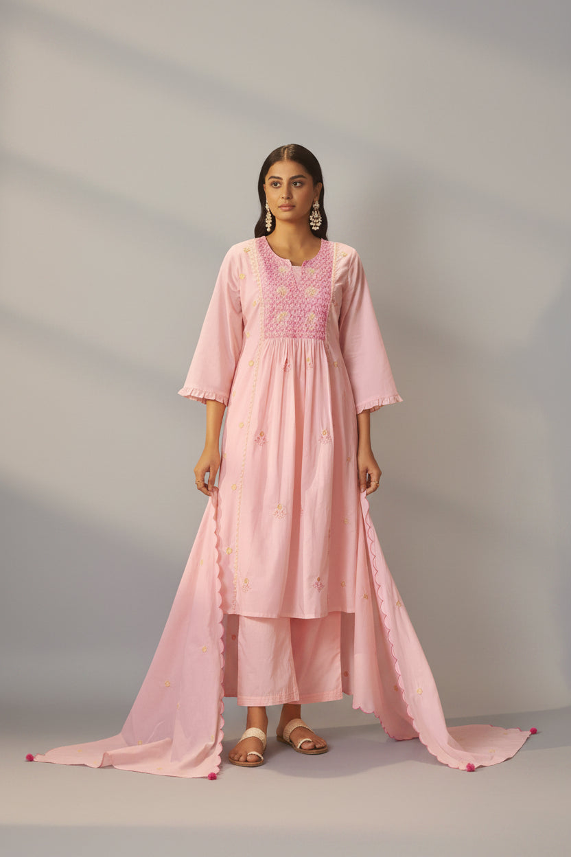 Powder Pink A-Line Pure Cotton Embroidery Kurta Set