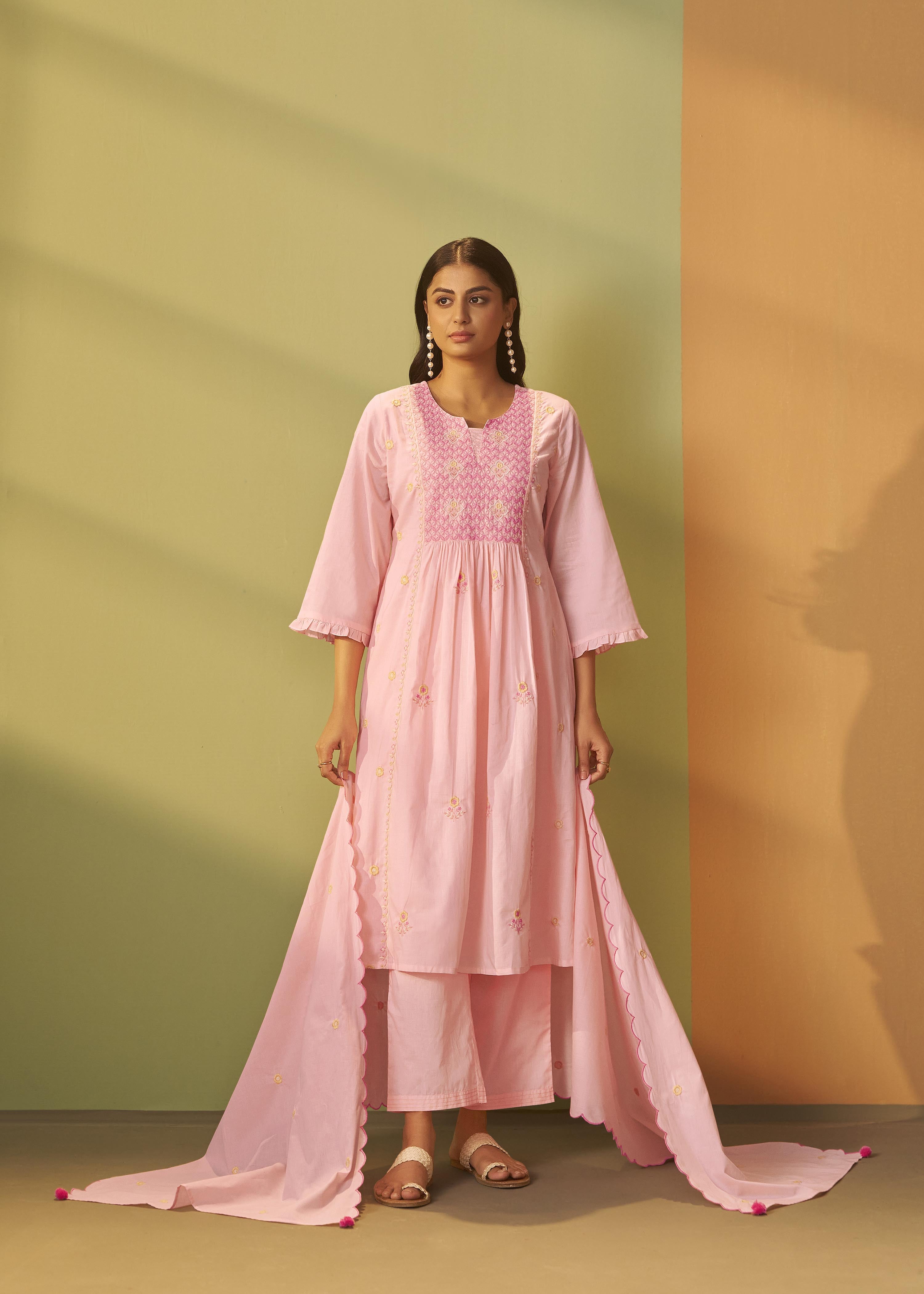 Powder Pink A-Line Pure Cotton Embroidery Kurta Set